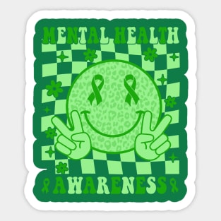 Mental Health Awareness Smile Face Checkered Green Ribbon Sticker